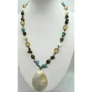 Necklace Multi Gemstone Mother Of Pearl Pendant Turquoise Tigers Eye Quartz